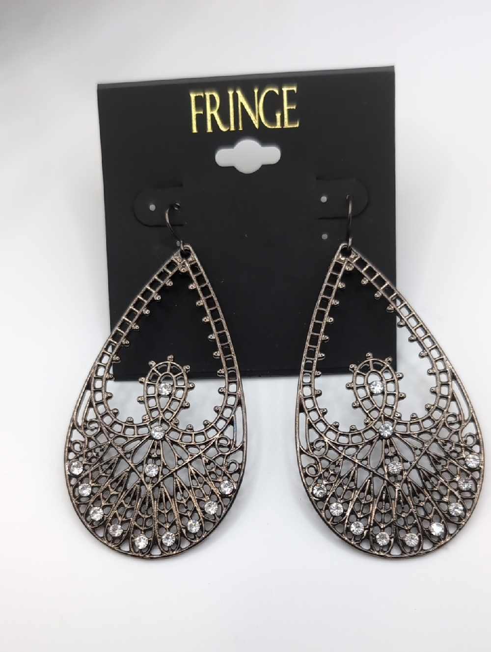 FRINGE Large 3 Inch Earrings Gunmetal Gray w/ Rhinestones NWT
